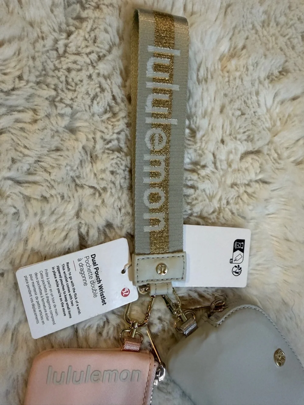 NEW! lululemon dual pouch pink and light gray wristlet with gold-accent strap